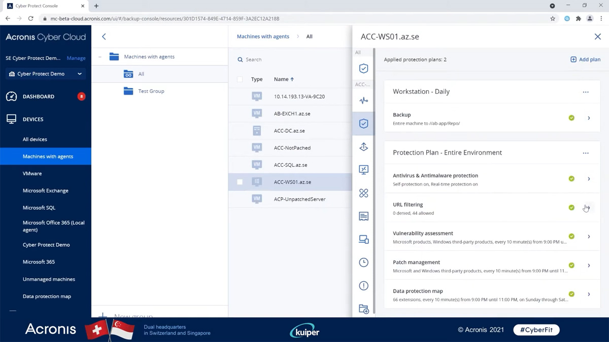 Acronis Cyber Protect machine backups interface.