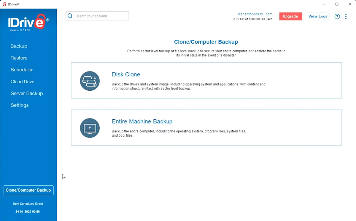 IDrive Server Cloud Backup disk cloning and machine backup interface.
