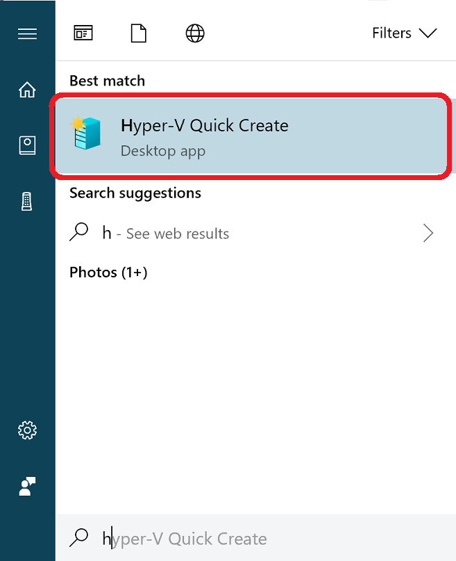 Windows search console with Hyper-V Quick Create highlighted