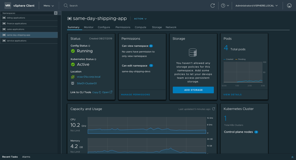 The vSphere Client dashboard separates different virtual operating namespaces. Image provided by VMware.