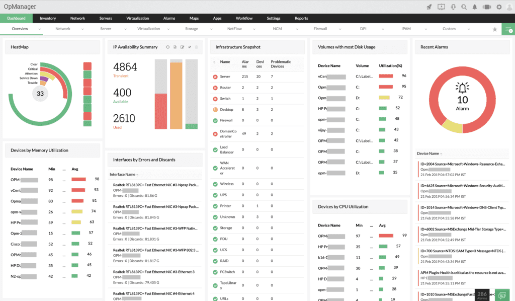 ManageEngine's OpManager dashboard includes visual graphics showing infrastructure health and metrics.