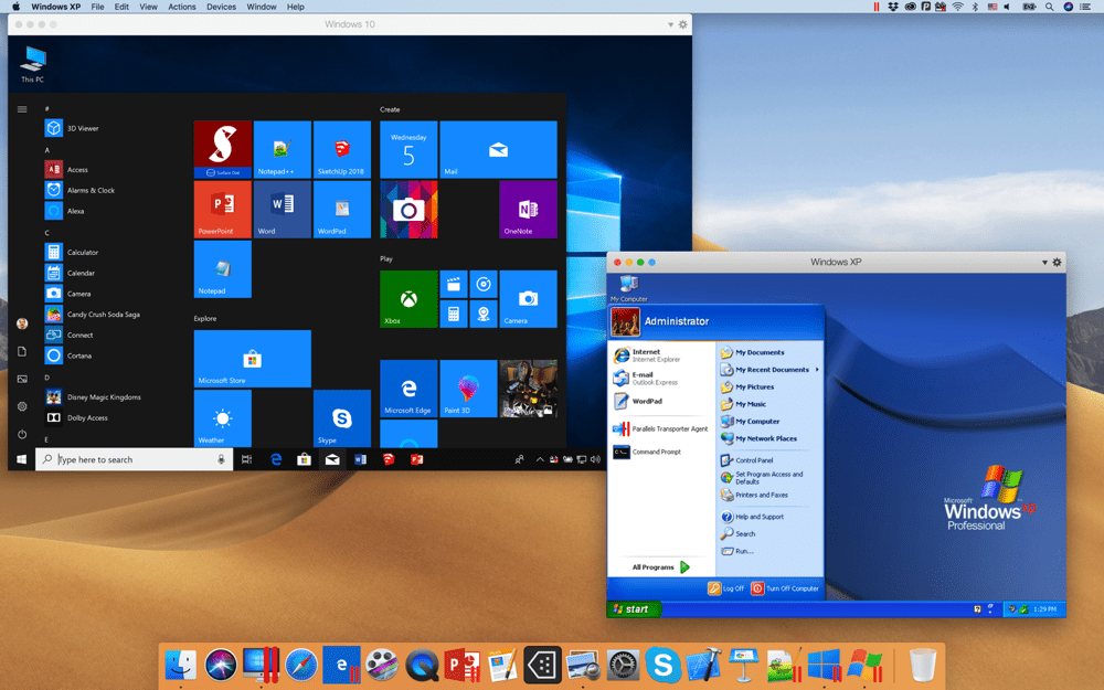 A screenshot of Parallels Desktop for Mac running Windows XP and Windows 10 VMs.