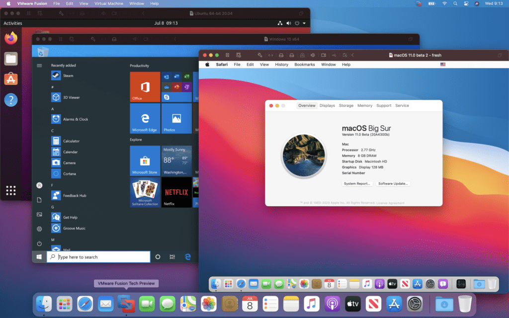 A screenshot of VMware Fusion at work with macOS, Windows, and Ubuntu VMs open.