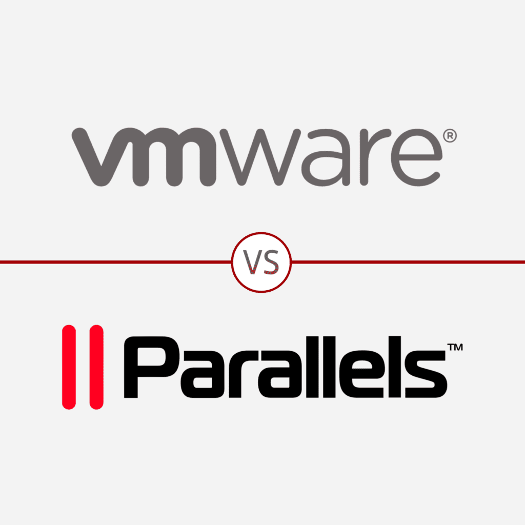 A graphic showing the VMware and Parallels logos as this article is about the top desktop virtualization tools for Mac (macOS) devices. Read on to learn about VMware Fusion and Parallels Desktop for Mac.