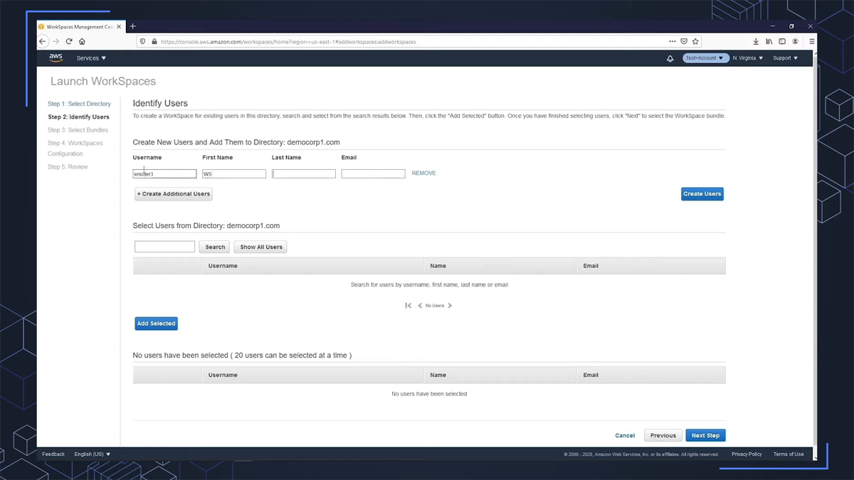 A screenshot image of Amazon Workspaces Launch Workspaces setup.