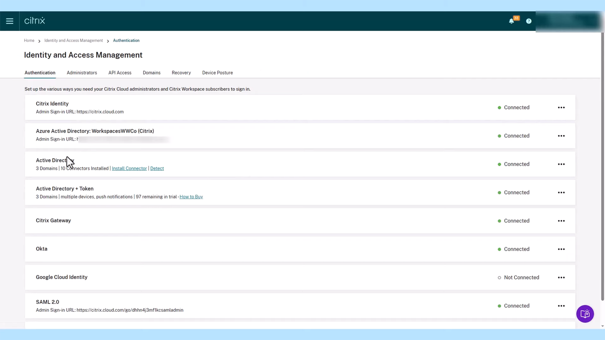 A screenshot of Citrix DaaS Identity and Access Management authentication dashboard.