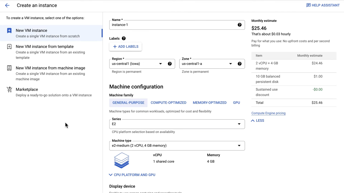 A screenshot of Google Compute Engine VM instance configuration.